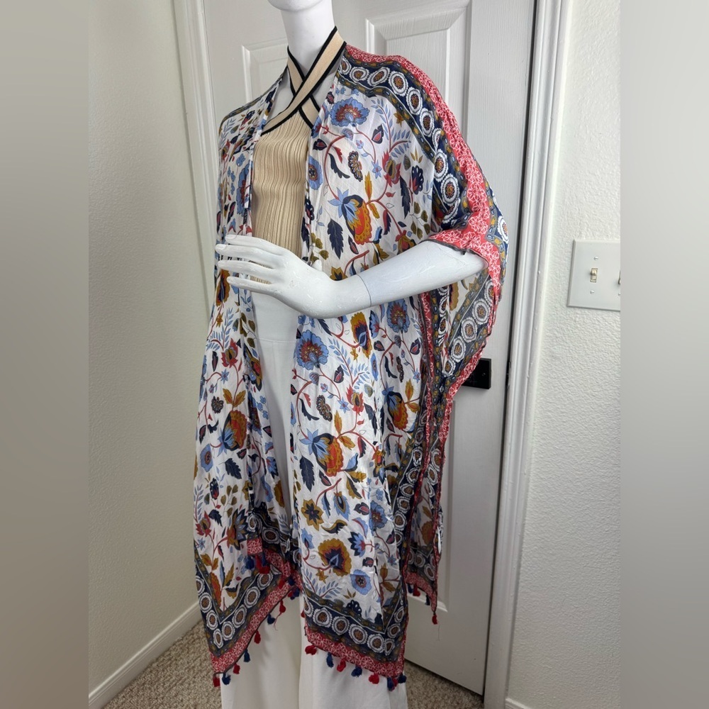 Ruggine Multi Color Bright Floral Lightweight Kimono with Pom Pom Trim. - Picture 5 of 10